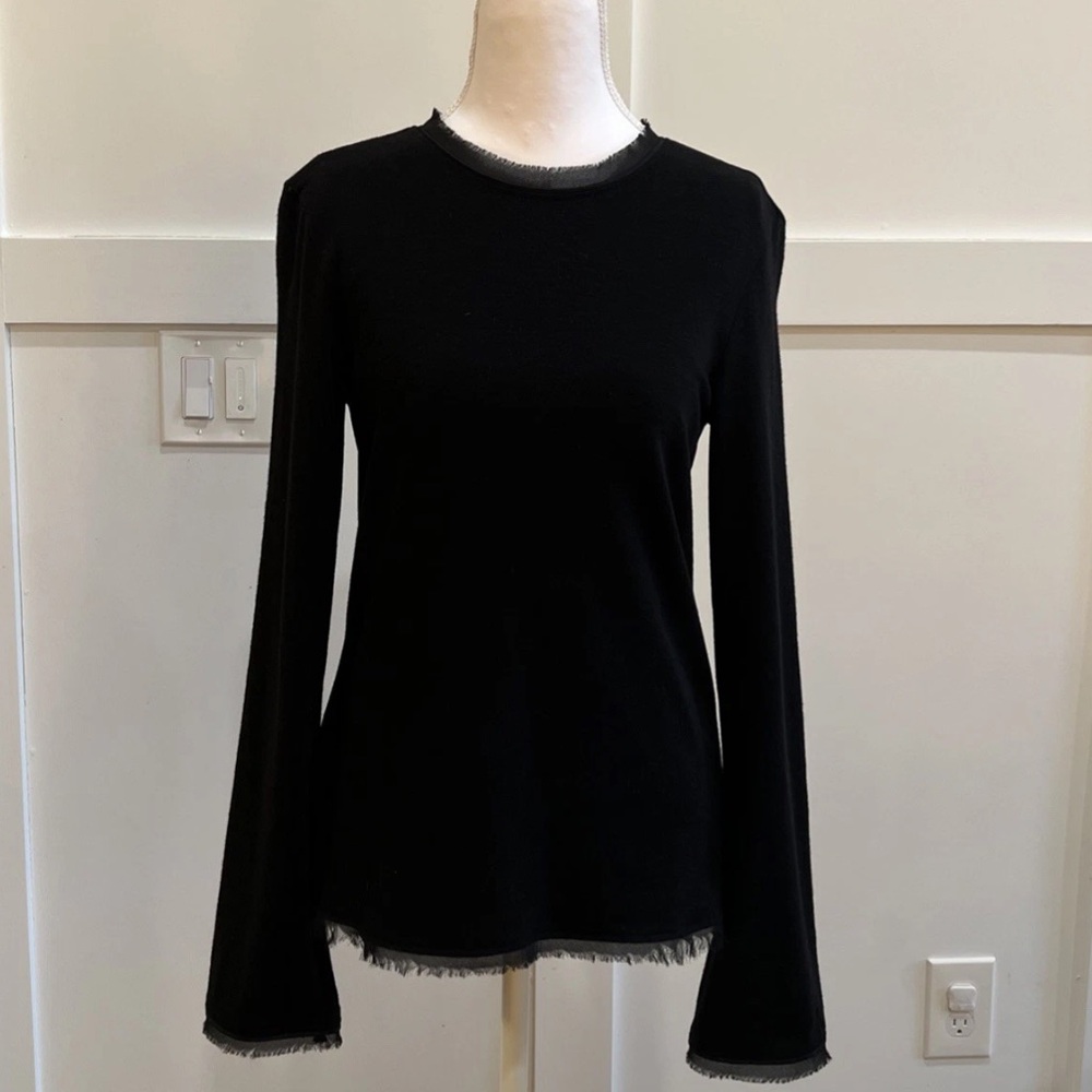 THEORY Soft Lightweight Wool Stretch Sweater Raw Silk Trim Size Medium